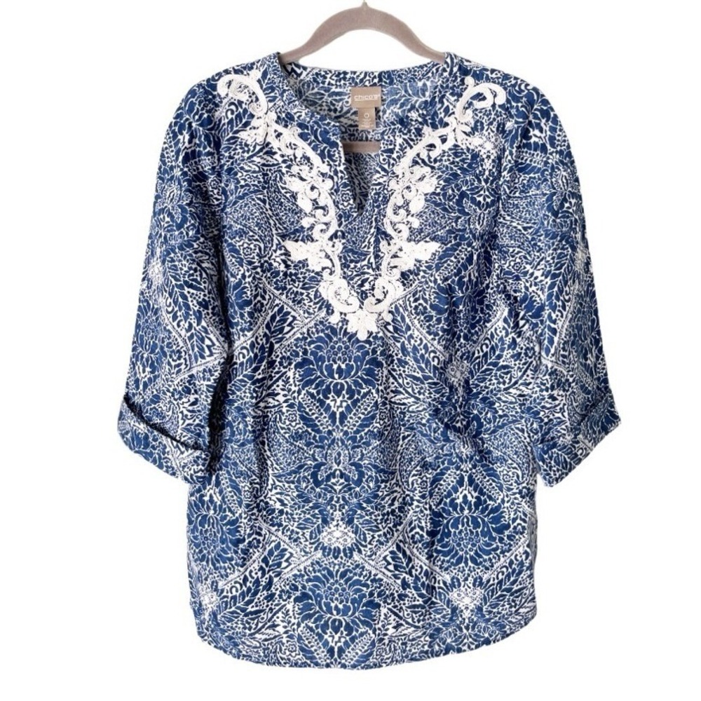 Chico's Linen Blend Damask Paisley Embroidered Top Size Small Coastal Resortwear